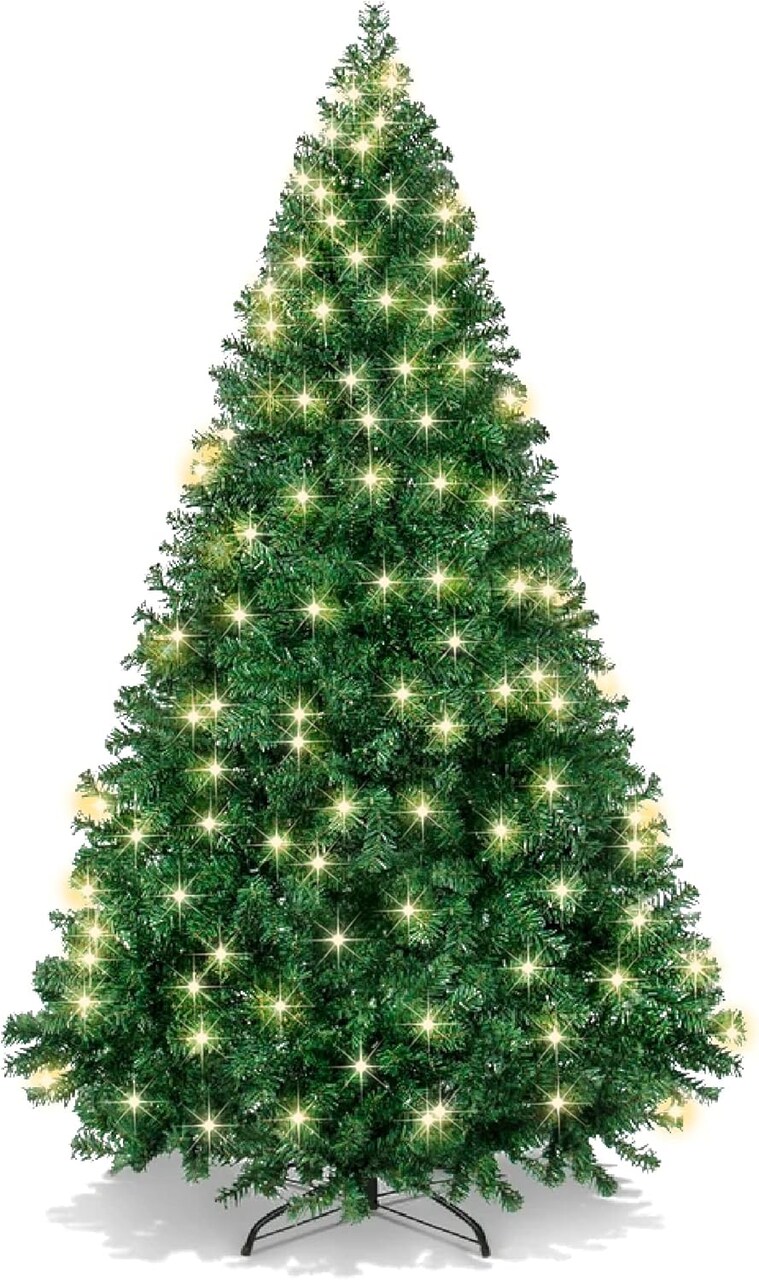 Artificial Christmas Tree Hinged Pine with 250 Lights, 1,000 Tips & Foldable Base Pre-Lit Outdoor Holiday Decor